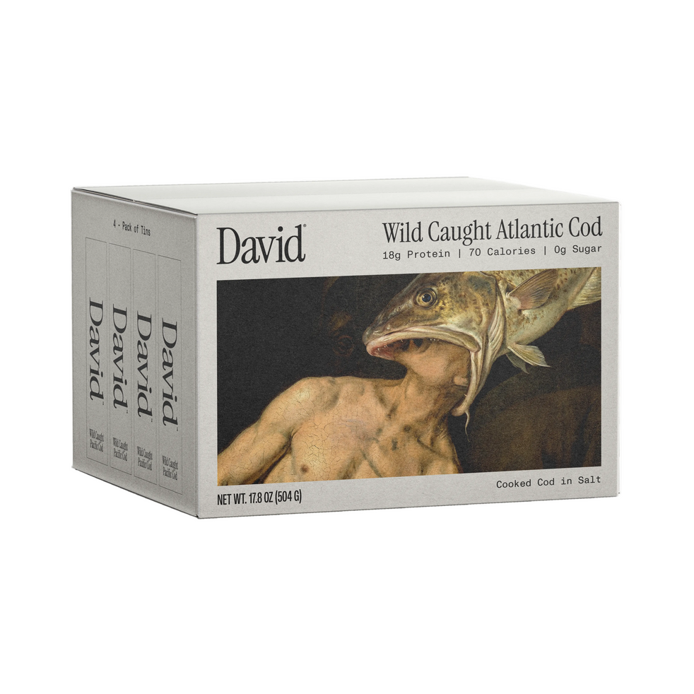 4 pack box of David Wild Caught Atlantic Cod on a white background