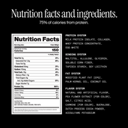 Nutrition facts and ingredients. 75% of calories from protein. with nutritional information on a black background