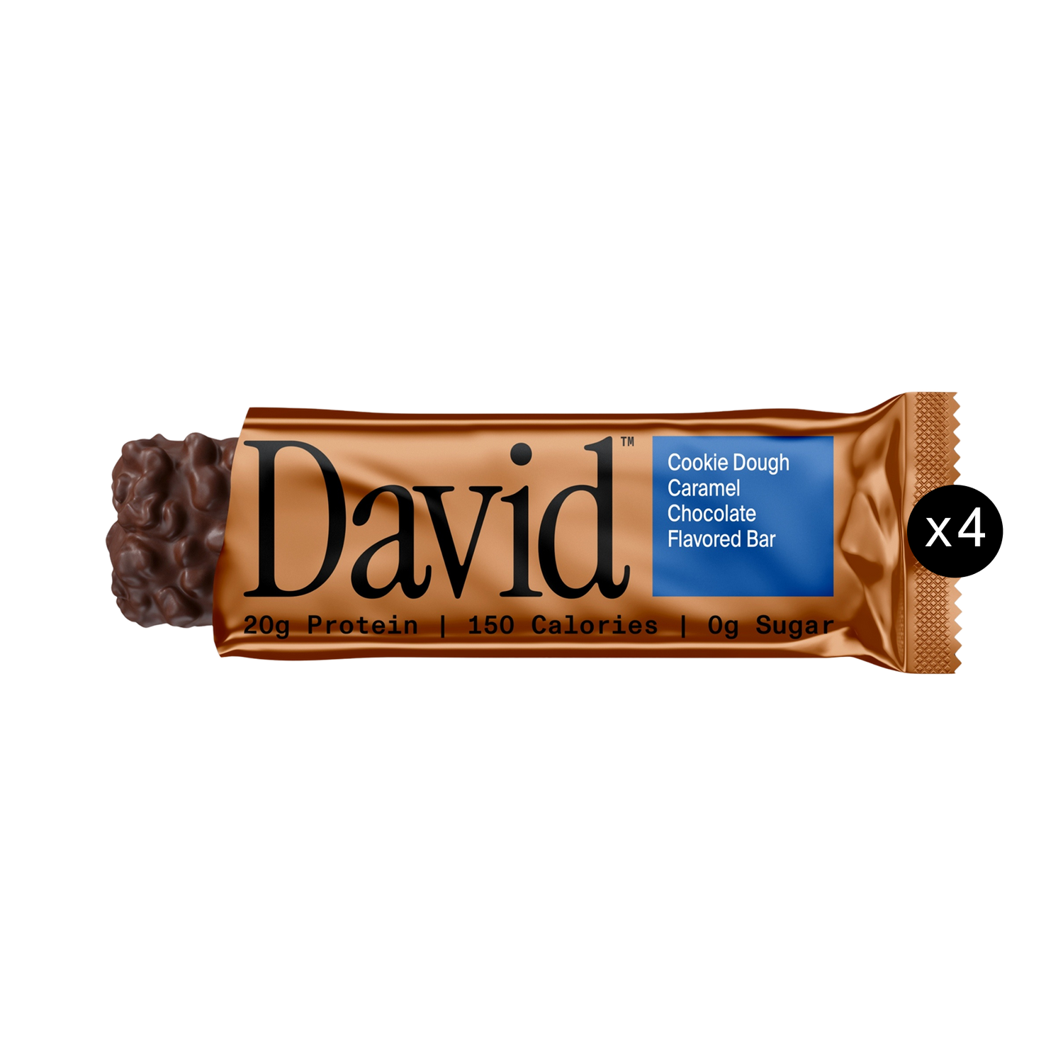 Partially unwrapped Cookie Dough Caramel Chocolate David bar with x4 icon