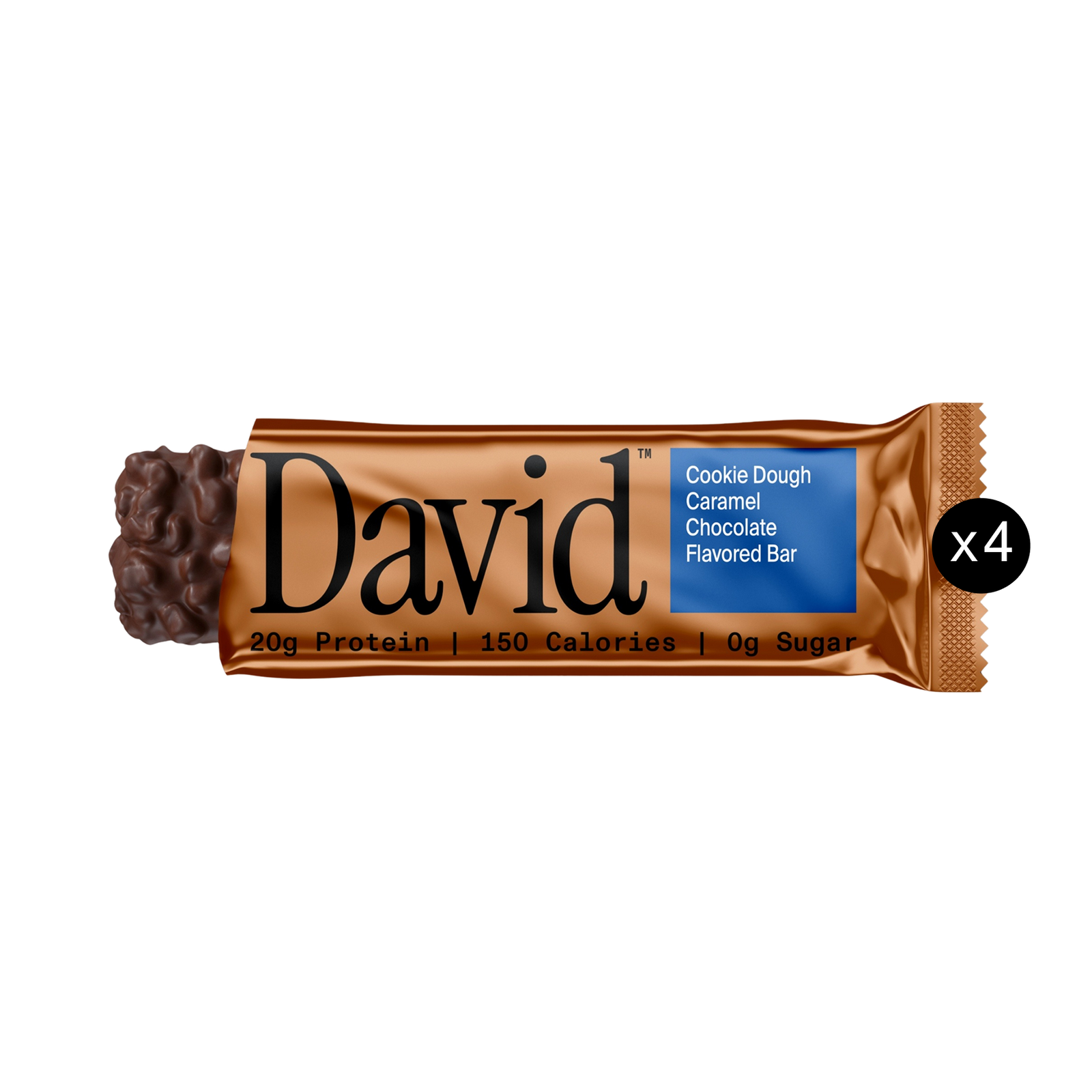 Partially unwrapped Cookie Dough Caramel Chocolate David bar with x4 icon