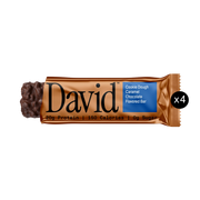 Partially unwrapped Cookie Dough Caramel Chocolate David bar with x4 icon