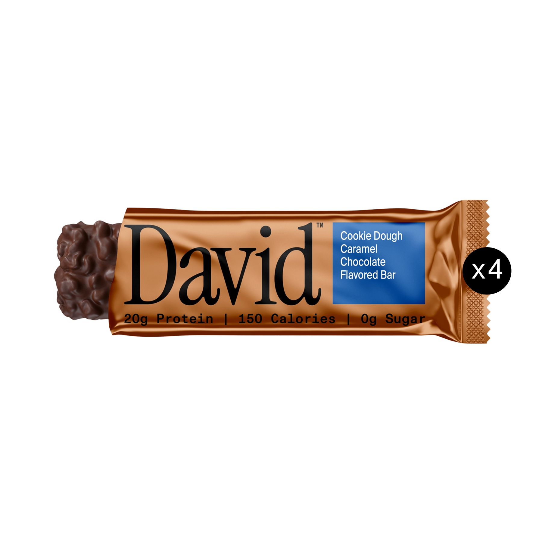 Partially unwrapped Cookie Dough Caramel Chocolate David bar with x4 icon