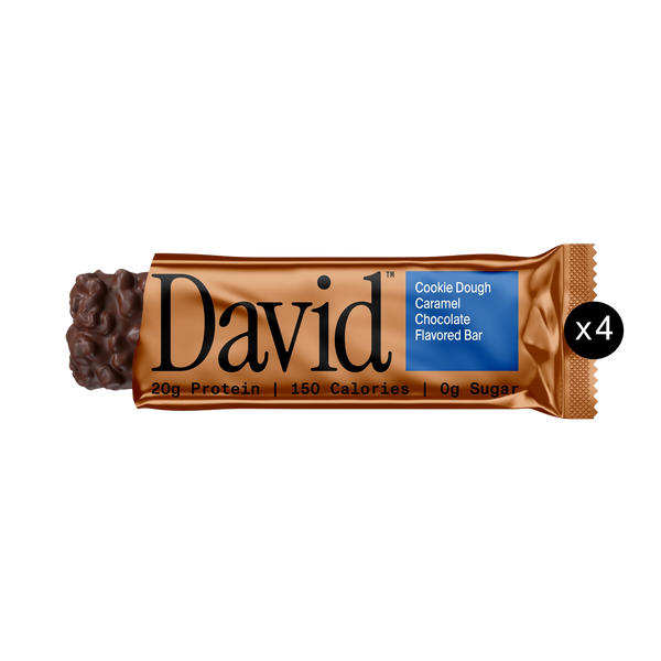 Partially unwrapped Cookie Dough Caramel Chocolate David bar with x4 icon