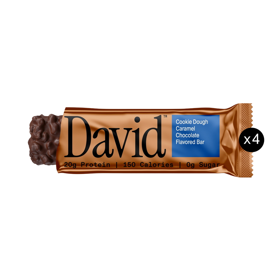 Partially unwrapped Cookie Dough Caramel Chocolate David bar with x4 icon