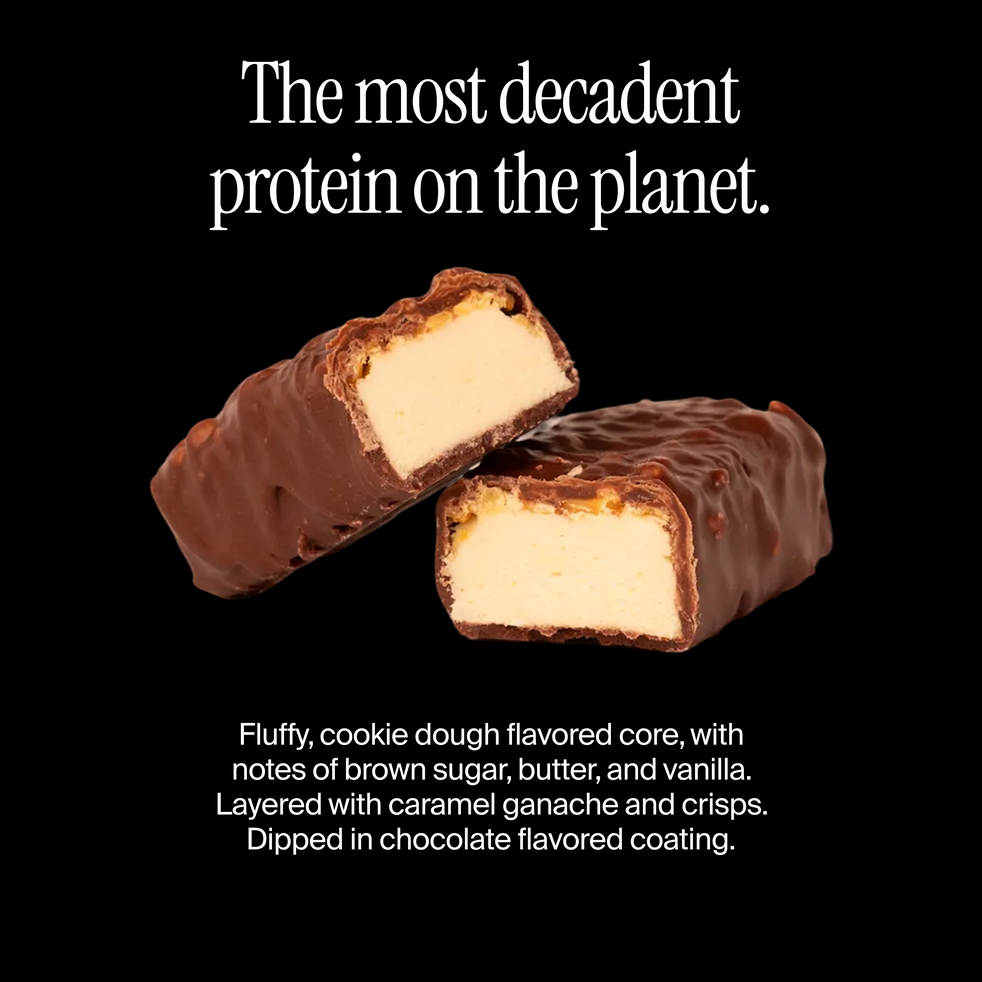 Cross-section of a David cookie dough caramel chocolate flavored protein bar with a flavor description
