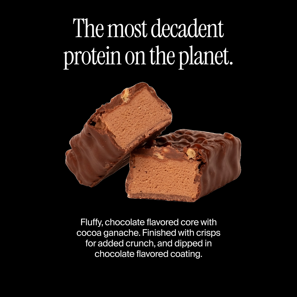 Cross-section of a David double chocolate flavored protein bar with a flavor description