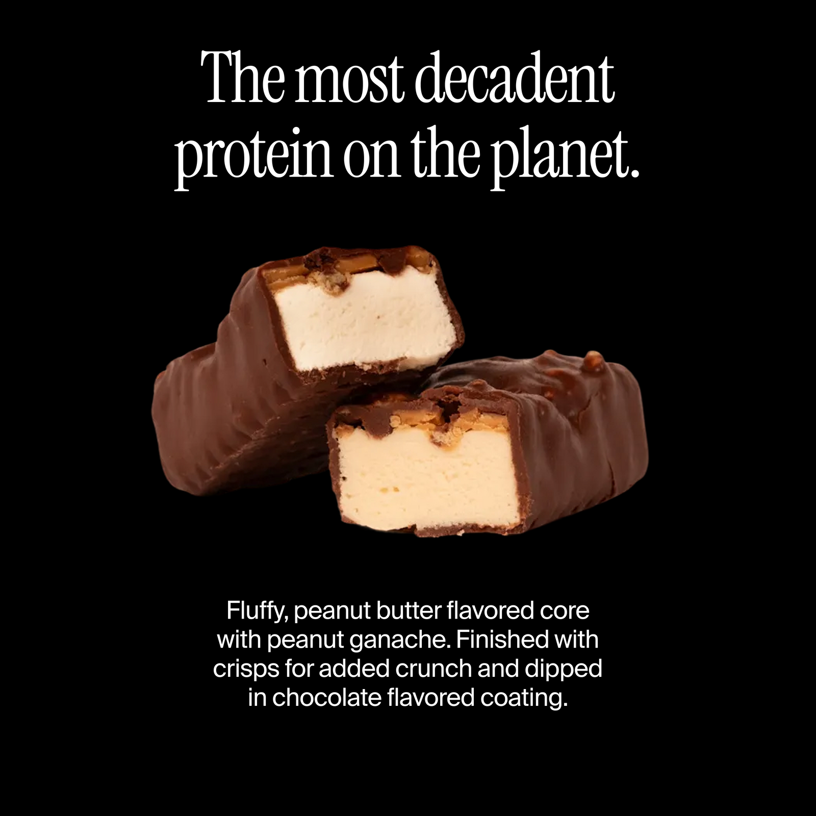 Cross-section of a David peanut butter chocolate flavored protein bar with a flavor description