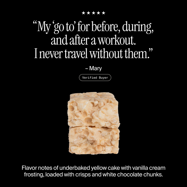 Cross-section of a David Cake Batter protein bar with a positive customer review and flavor description