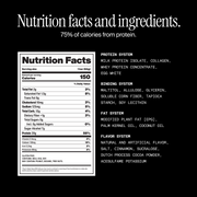 Nutrition facts and ingredients. 75% of calories from protein. with nutritional information on a black background