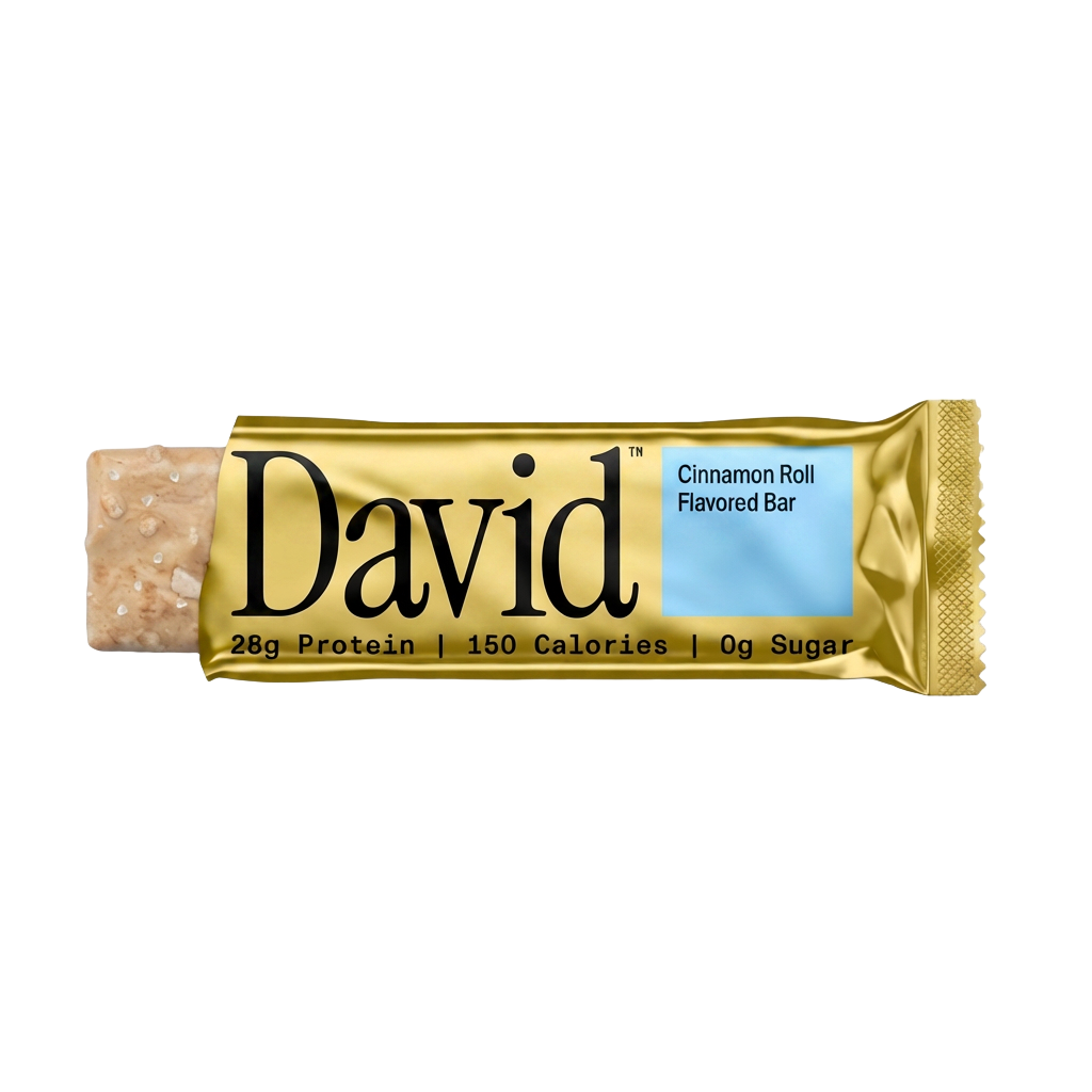 David protein bar with gold packaging on a black background