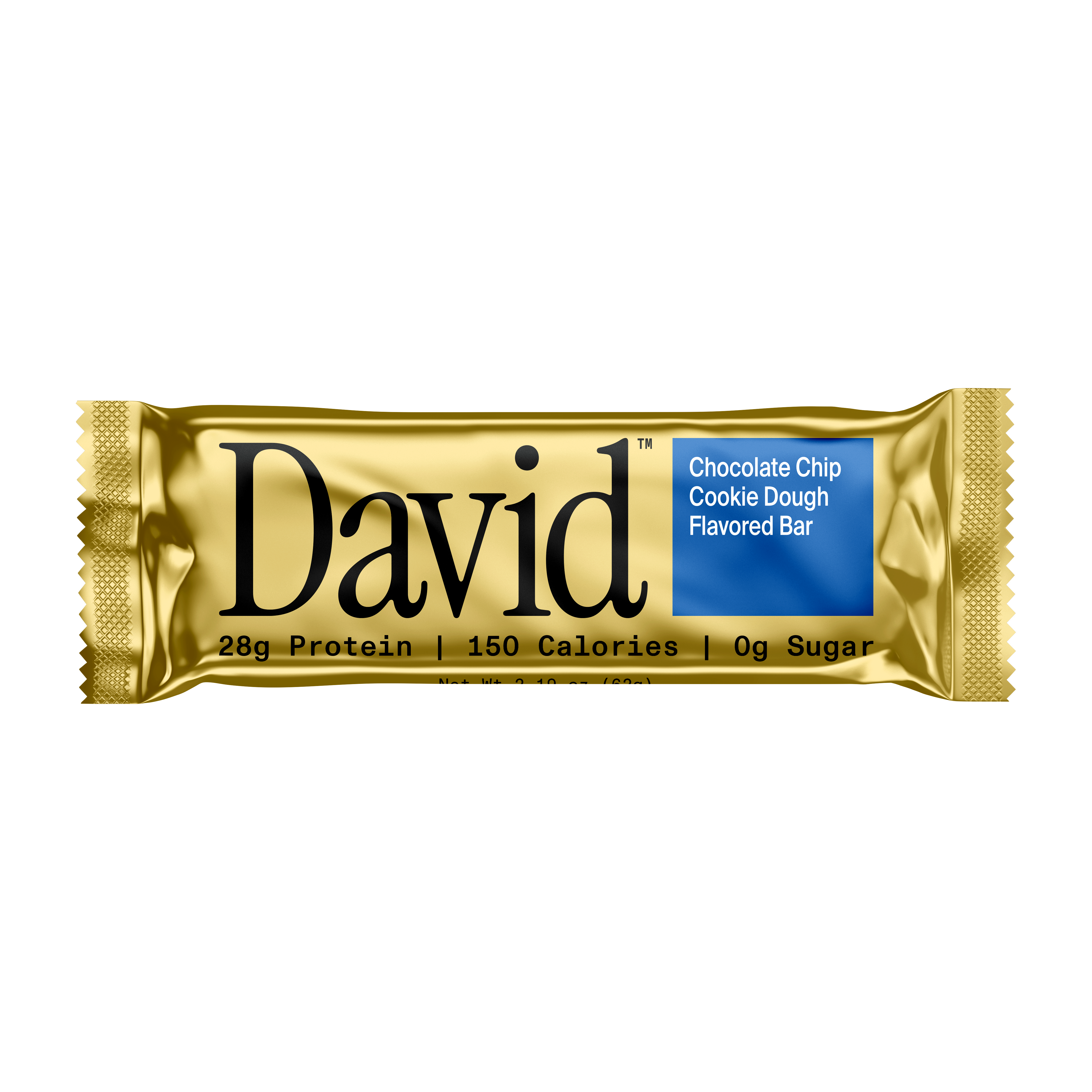 Gold colored Chocolate Chip Cookie Dough flavored David Protein bar