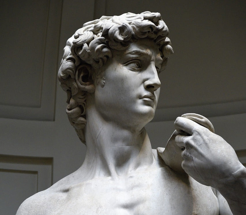 Marble statue of David by Michelangelo in a museum setting