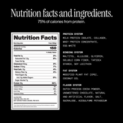Nutrition facts and ingredients. 75% of calories from protein. with nutritional information on a black background