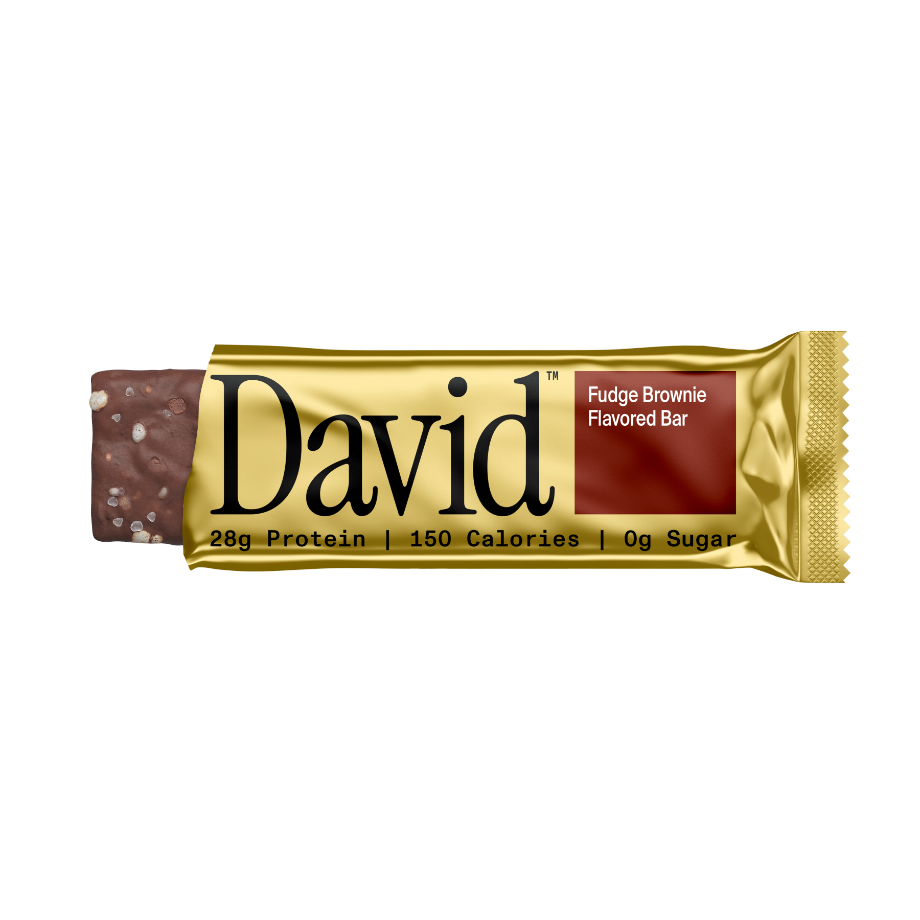 DAVID Fudge Brownie protein bar, 28g protein and 150 calories, gold wrapper