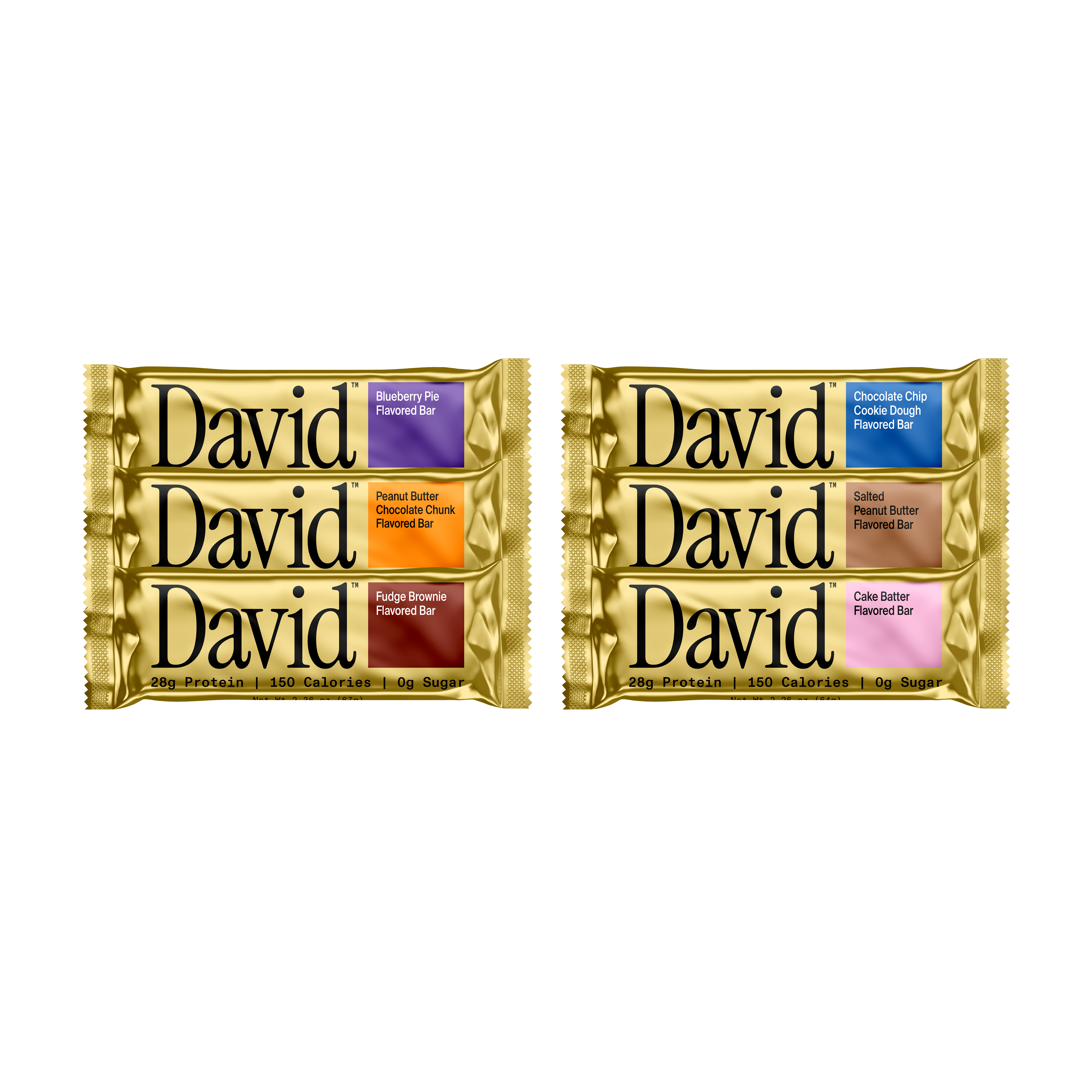 Six flavors of David Gold protein bars on a transparent background