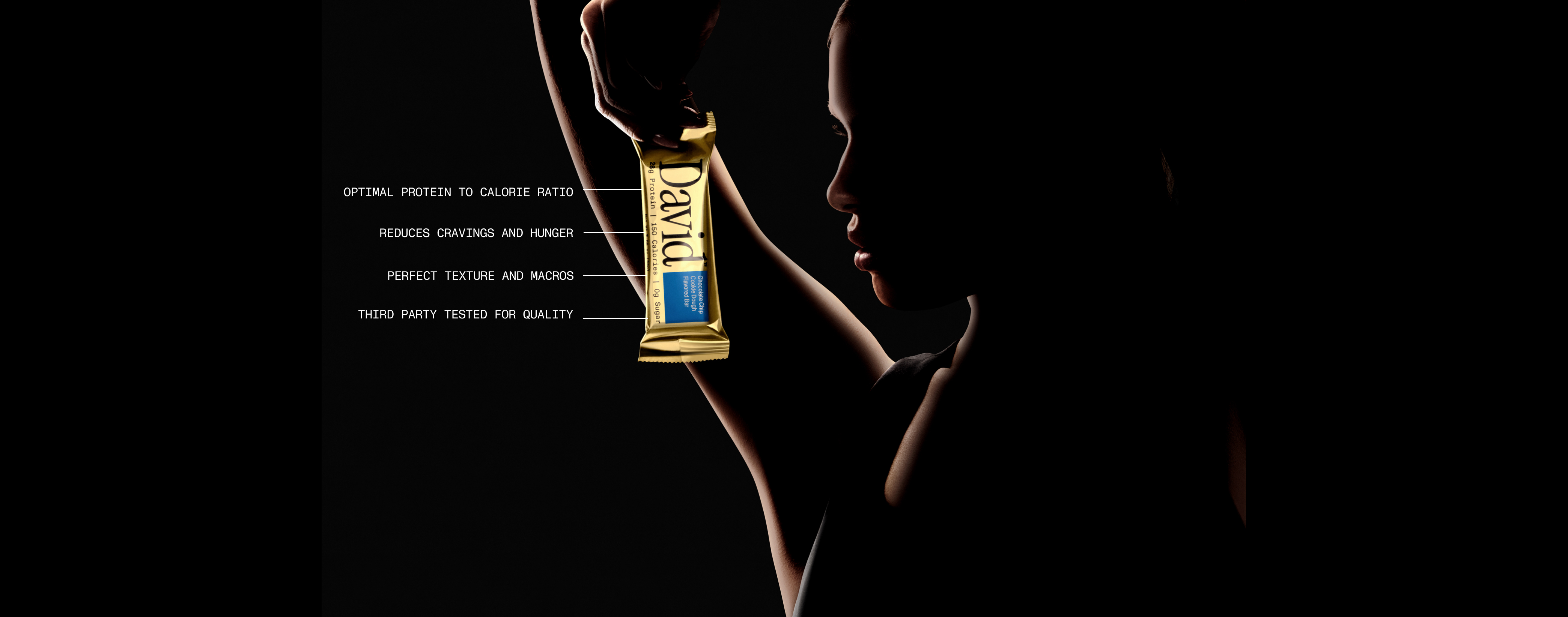 Silhouette of a person holding a David Gold Chocolate Chip Cookie Dough protein bar overhead with text callouts about protein to calorie ratio, reduced cravings, texture and macros, and third party testing.