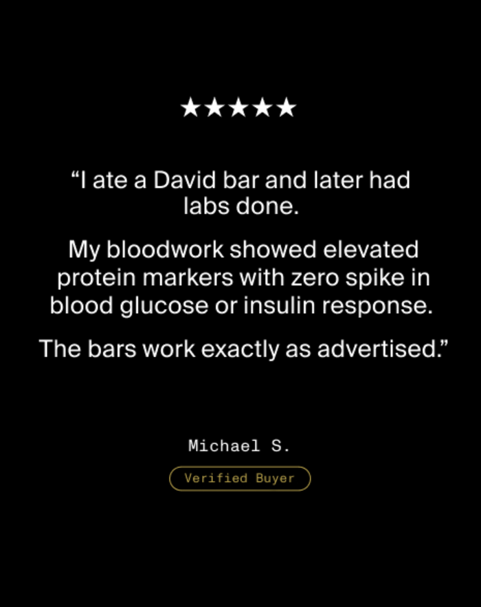 Five star review from Michael S., Verified Buyer, reporting elevated protein markers with no spike in blood glucose or insulin response and saying the bars work as advertised.
