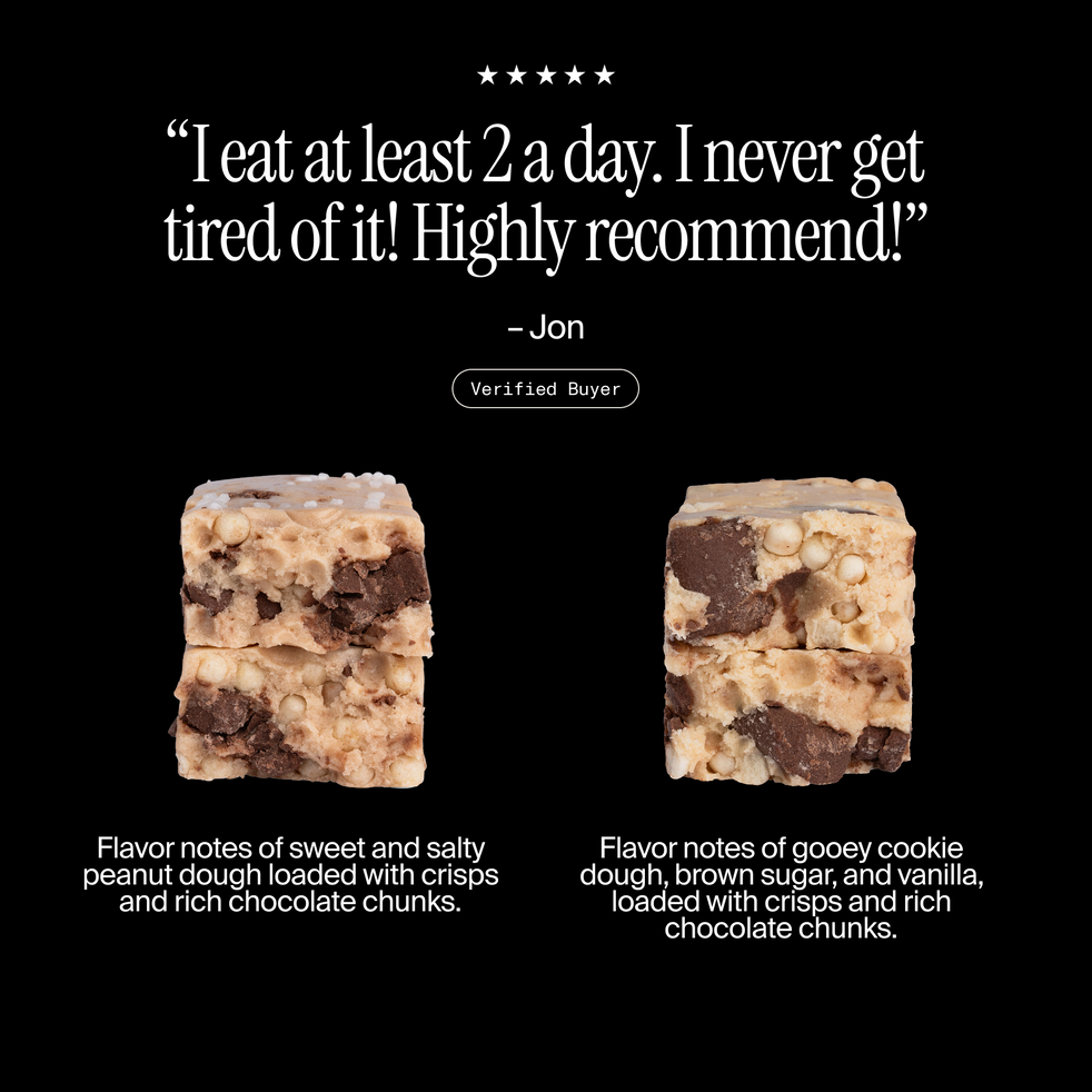 Two squares of dessert with flavor notes described, on a black background with a quote from a verified buyer.