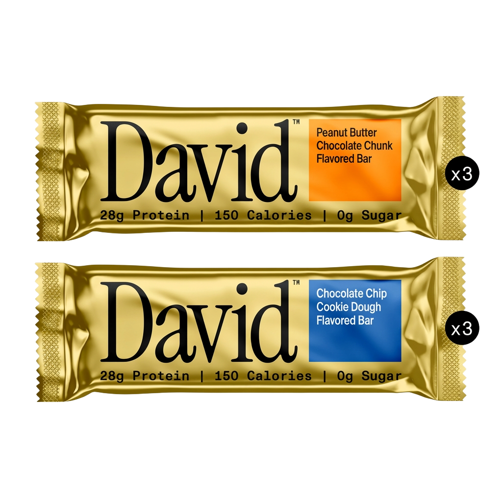 Two David protein bars with different flavors on a black background