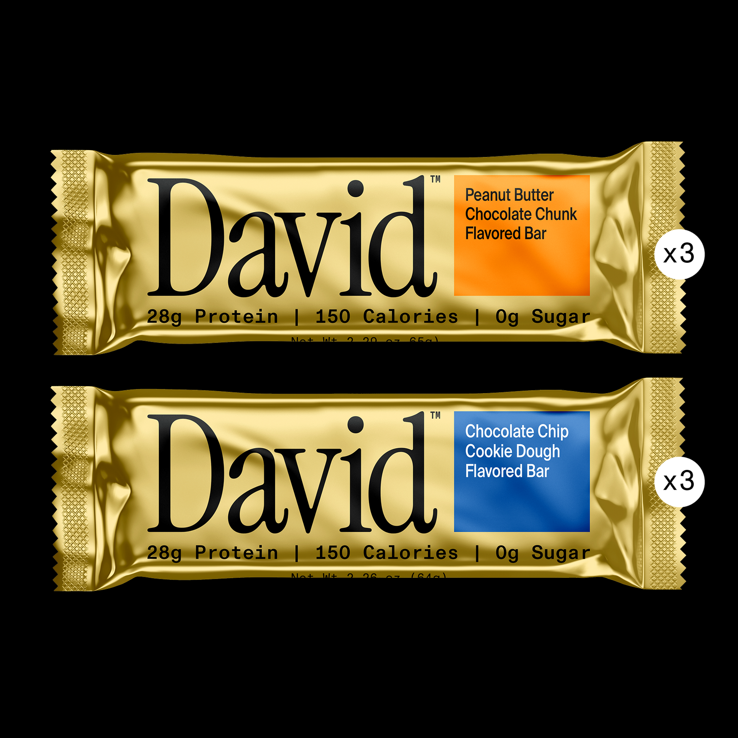 Two David protein bars with different flavors on a black background