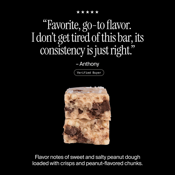 Cross-section of a David Peanut Butter Chocolate Chunk flavored protein bar with a positive customer review and flavor description