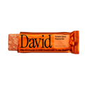 Partially unwrapped David Pumpkin Spice protein bar on a transparent background