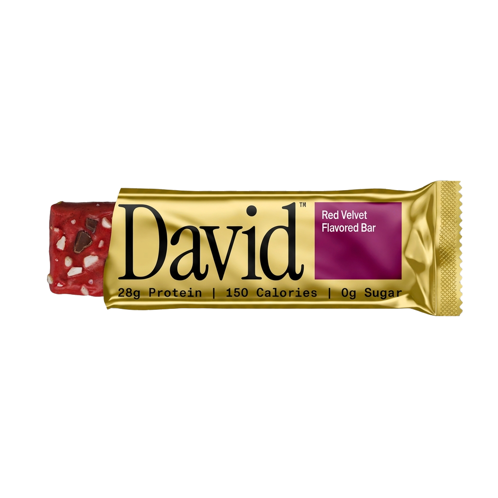 David Red Velvet flavored protein bar packaging on a black background