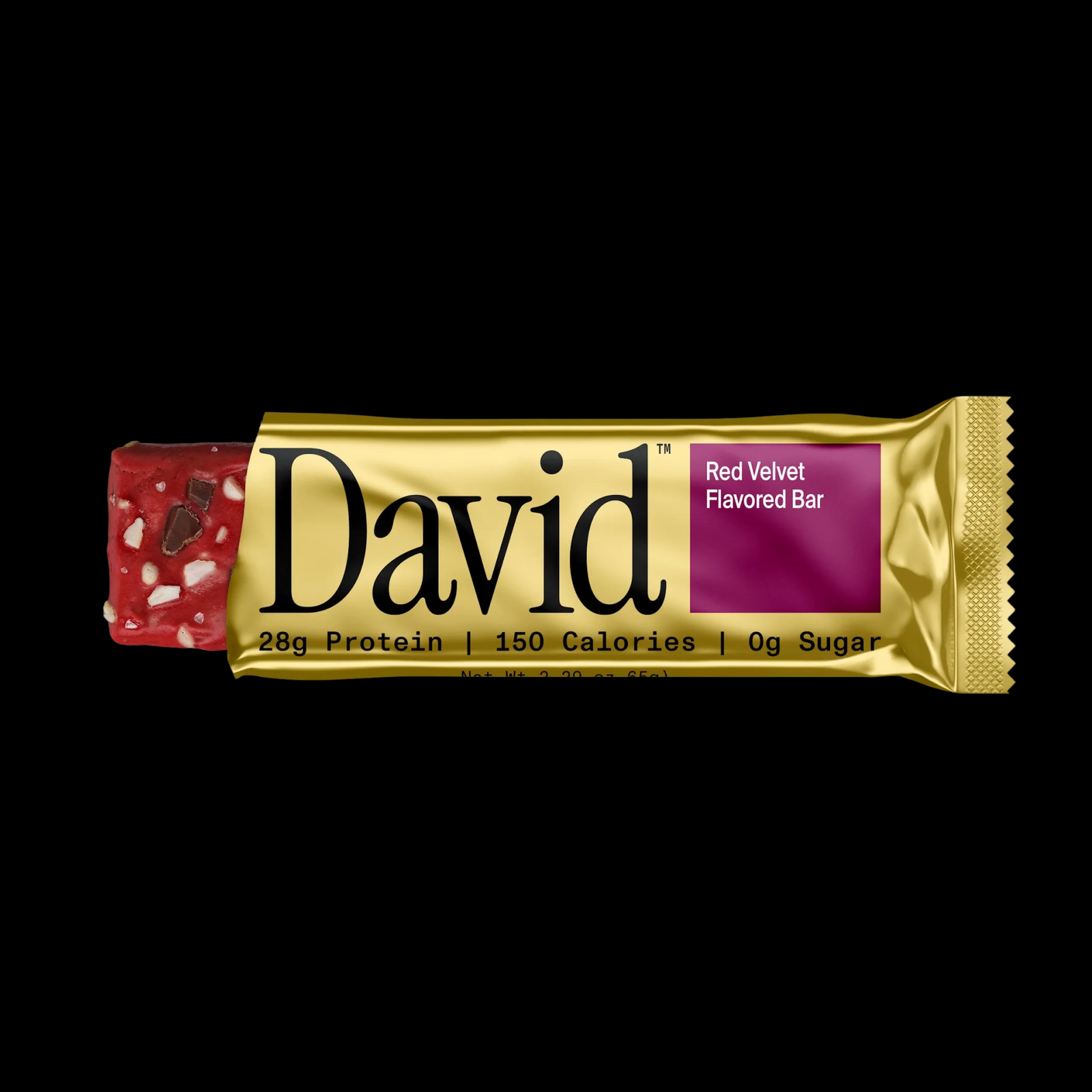 David Red Velvet flavored protein bar packaging on a black background