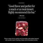 Cross-section of a David Red Velvet flavored protein bar with a positive customer review and flavor description