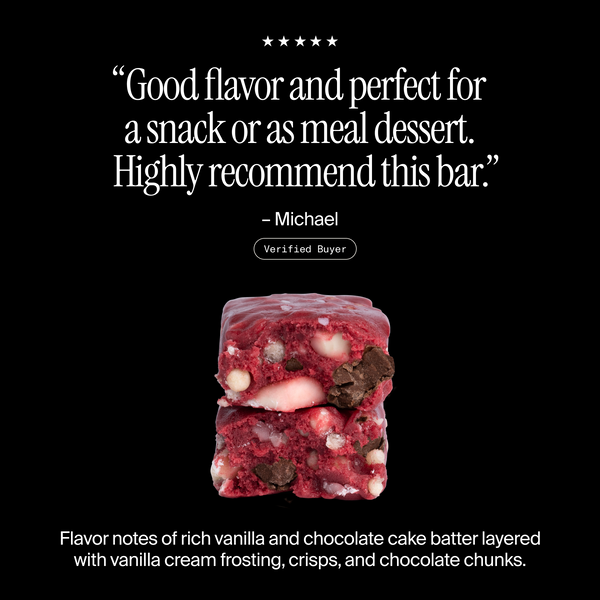 Cross-section of a David Red Velvet flavored protein bar with a positive customer review and flavor description