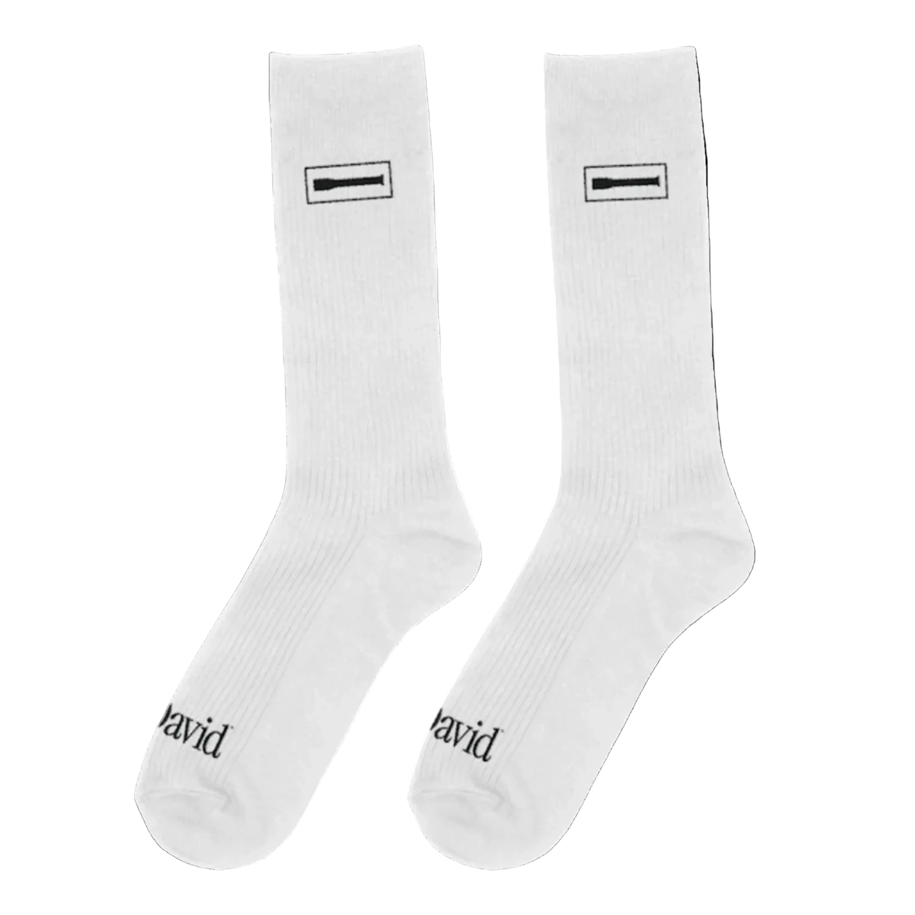 White socks with a black chisel and "David" on a white background