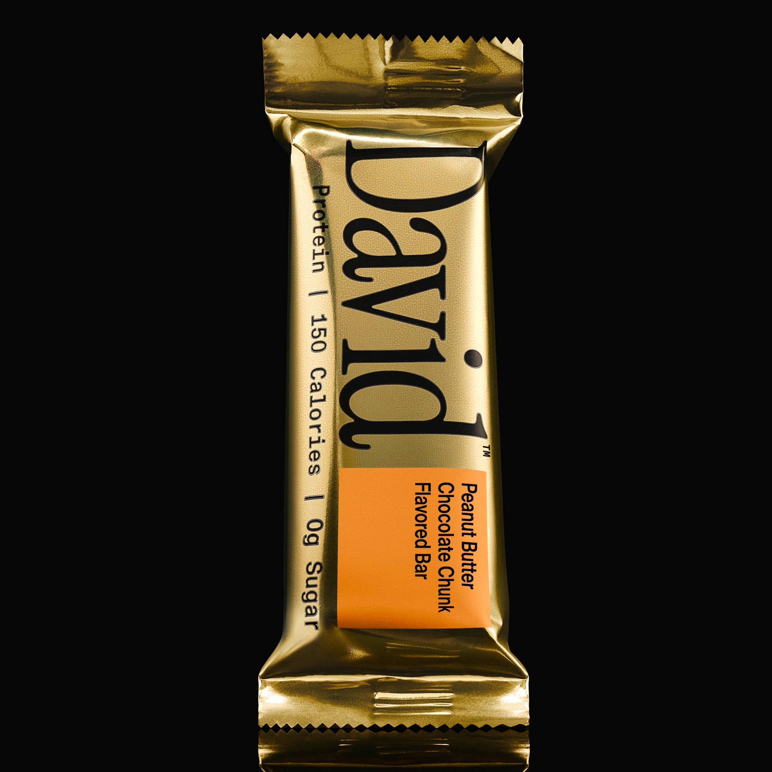 Gold-wrapped David brand protein bar on a black background