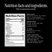 Nutrition facts and ingredients. 53% of calories from protein. with nutritional information on a black background
