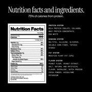 Nutrition facts and ingredients. 75% of calories from protein. with nutritional information on a black background