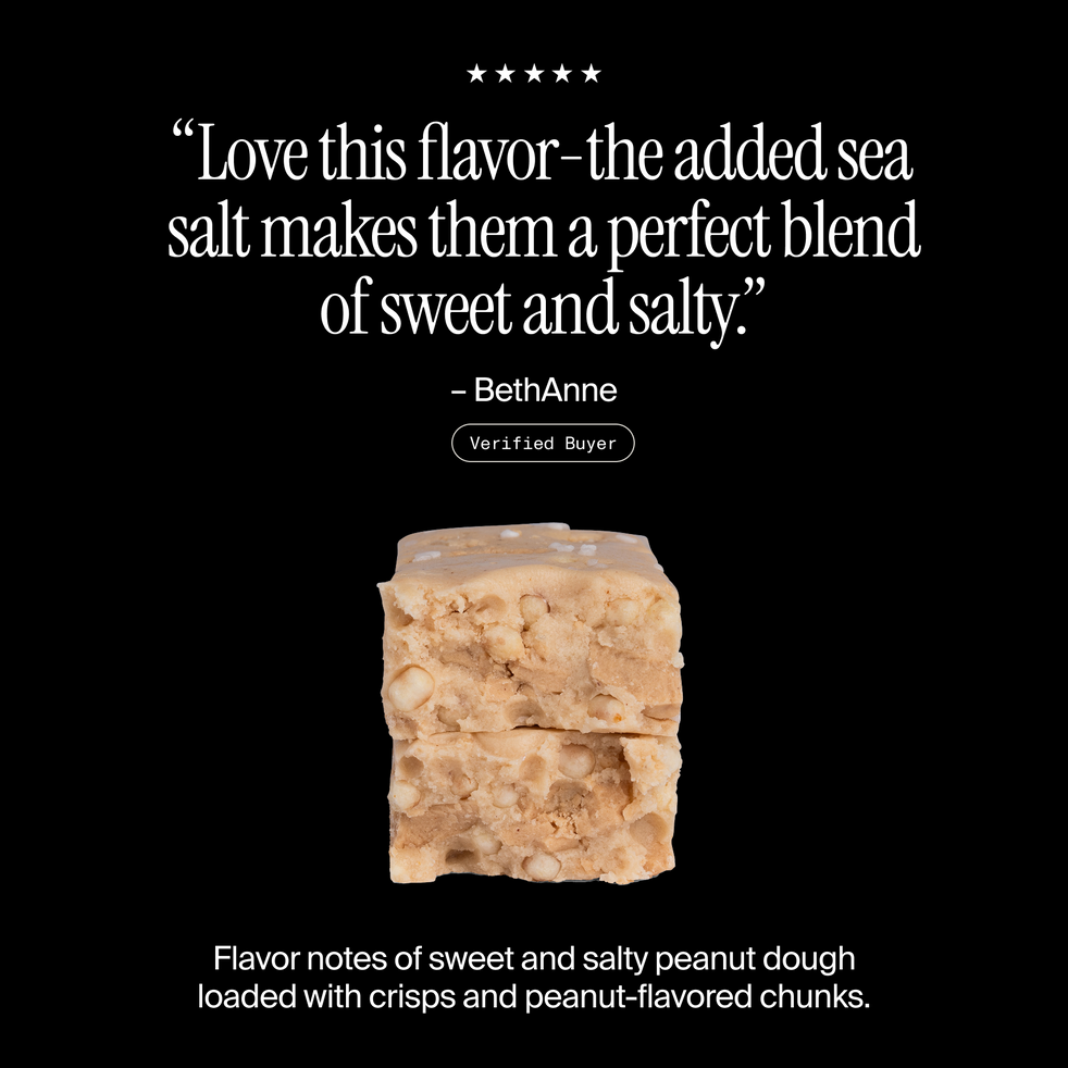 Cross-section of a David Salted Peanut Butter protein bar with a positive customer review and flavor description