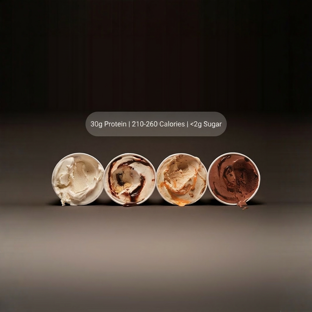 Four ice cream scoops in a row with nutritional information displayed above.