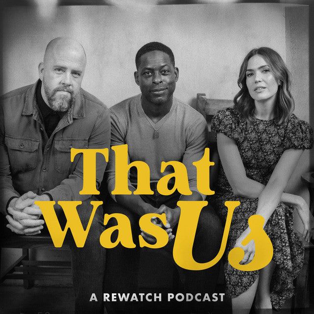 Black and white image with 3 people and yellow text titled "That was us"
