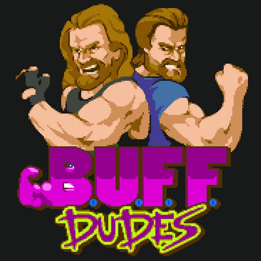 Pixel art of two muscular characters with 'BUFF DUDES' text on a black background