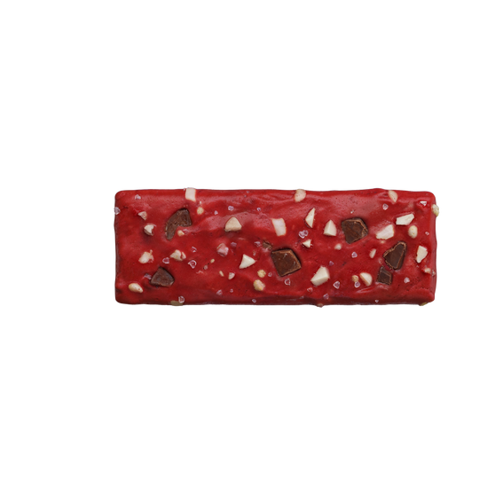 Red Velvet bar unwrapped, showing bar